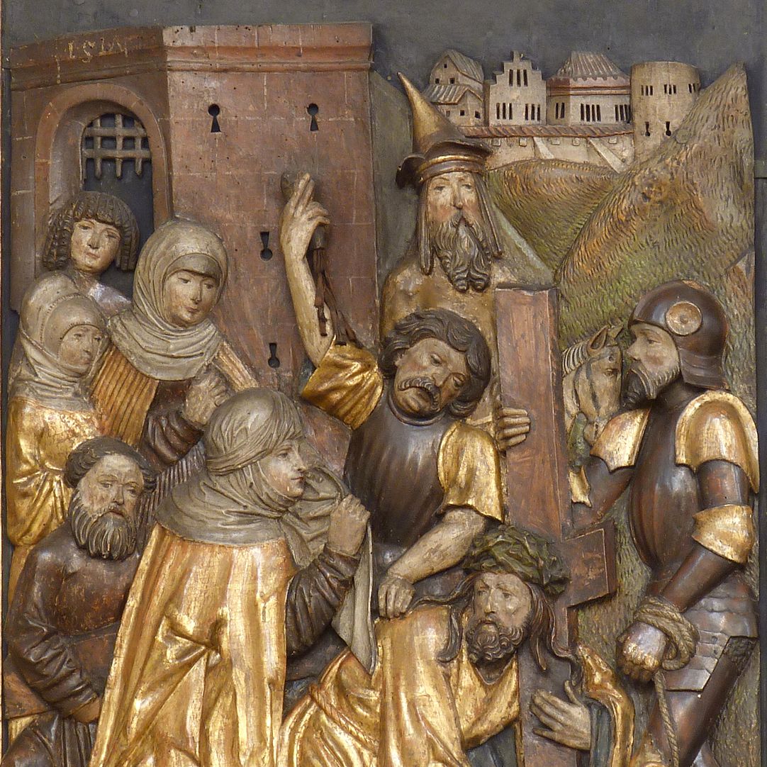 Kreuzaltar linker Flügel unten: Kreuzfall, Detail (Veronika mit Schweißtuch)