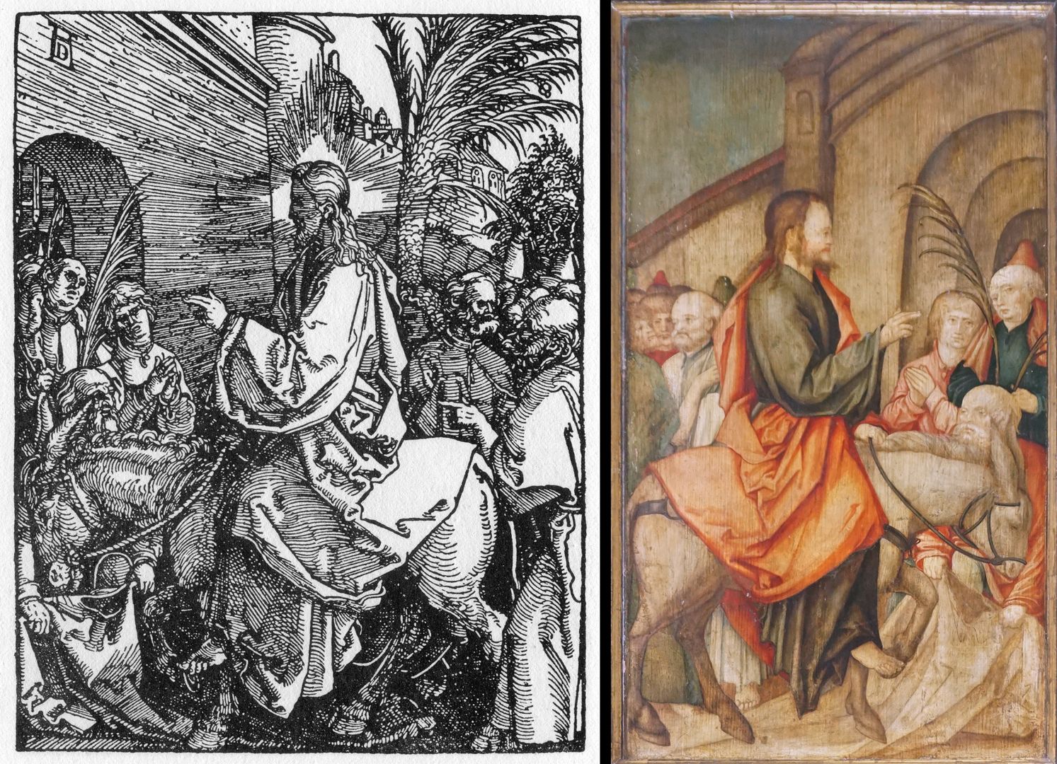 Kreuzaltar mit geschlossenen Flügeln links: Christi Einzug in Jerusalem aus der Kleinen Passion (1509-1511), Holzschnitt von Albrecht Dürer