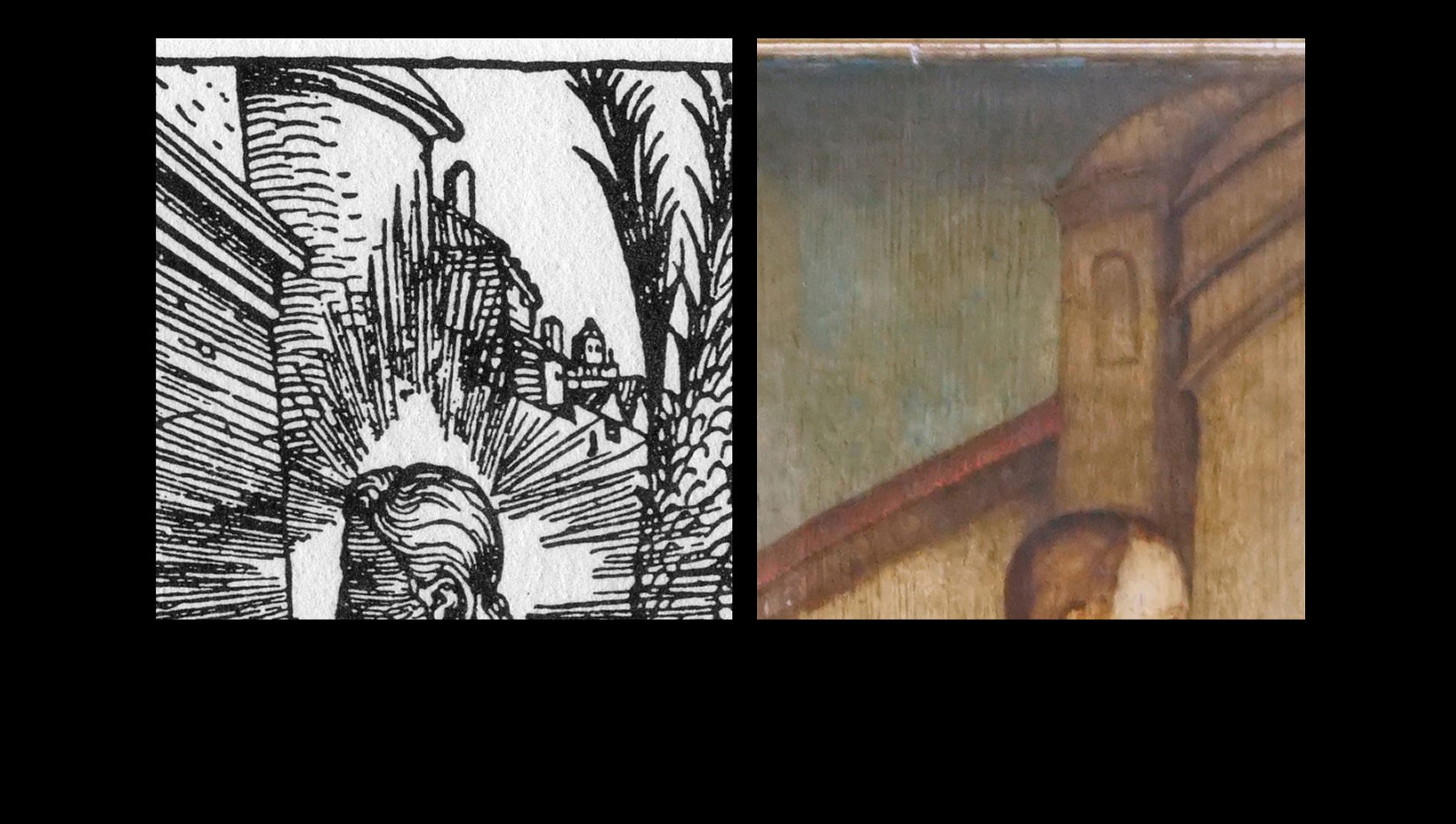 Kreuzaltar mit geschlossenen Flügeln Detail im Vergleich: links Vorlage von Albrecht Dürer / -Aus dem Schornstein wurde ein Fenster-