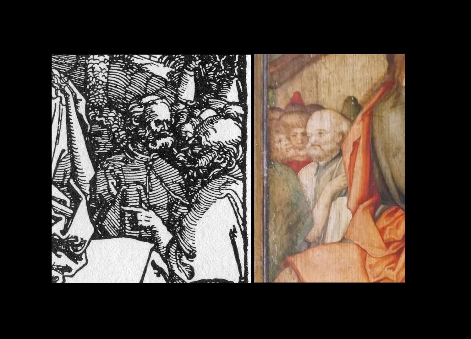 Kreuzaltar mit geschlossenen Flügeln Detail im Vergleich: links Vorlage von Albrecht Dürer
