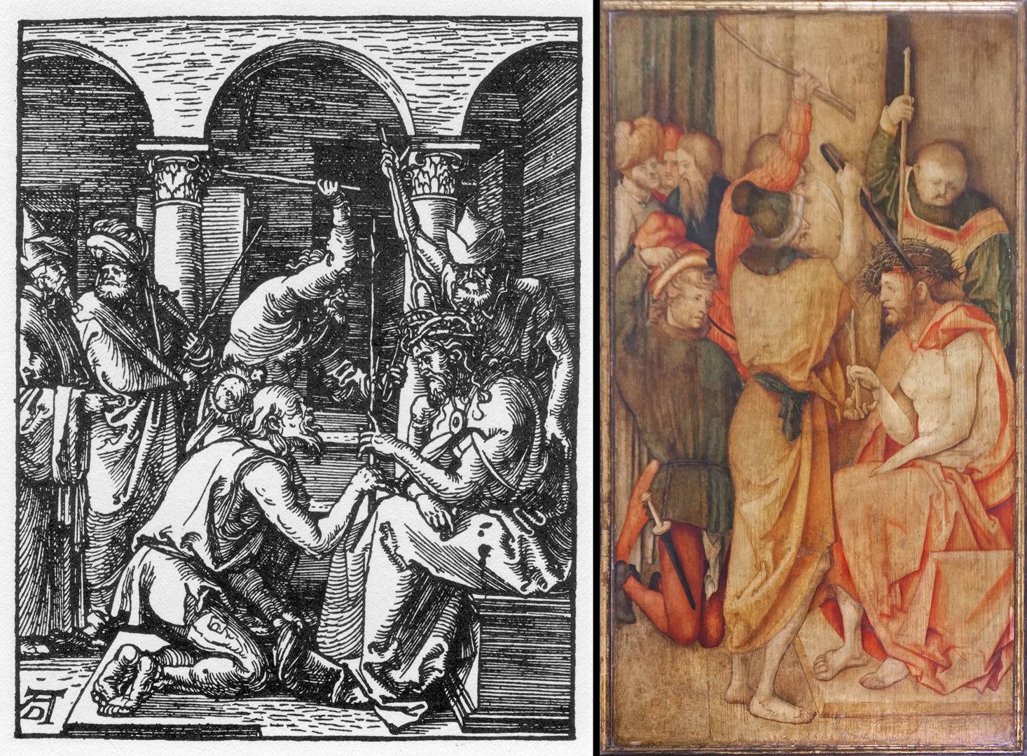 Kreuzaltar mit geschlossenen Flügeln links: Dornenkrönung aus der Kleinen Passion (1509-1511), Holzschnitt von Albrecht Dürer