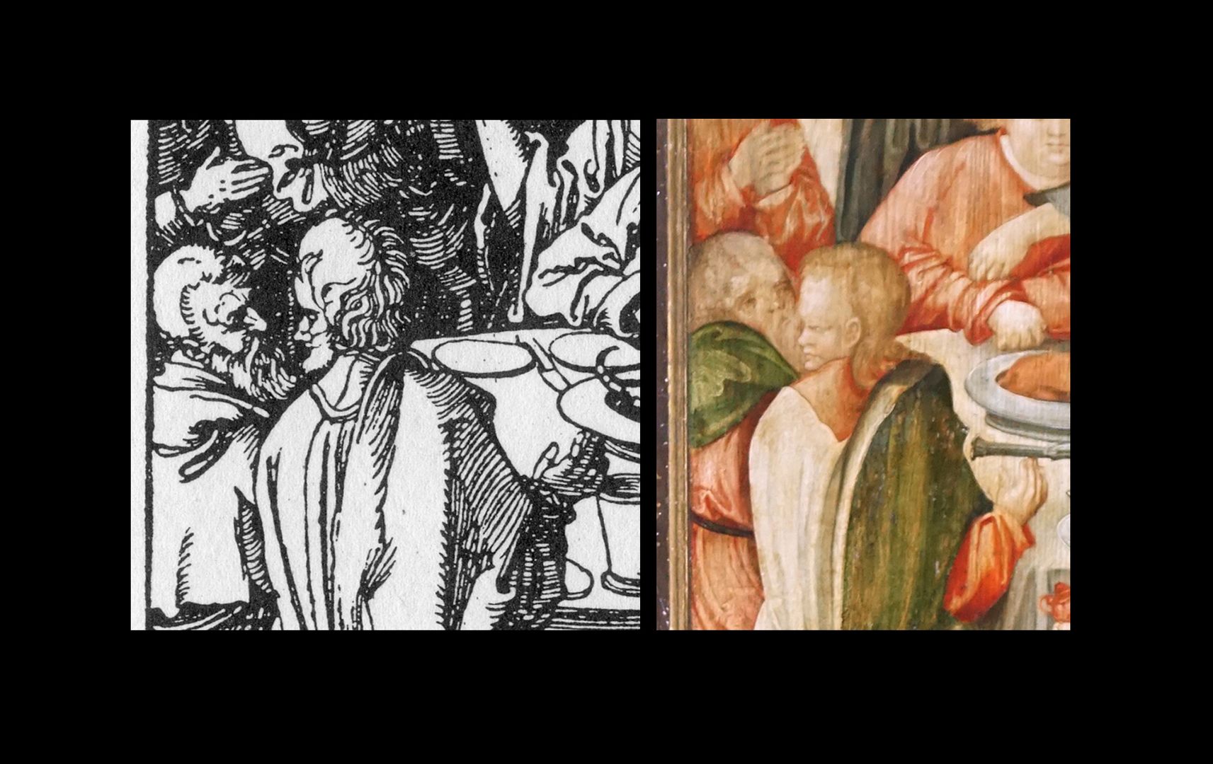 Kreuzaltar mit geschlossenen Flügeln Detail im Vergleich: links Vorlage von Albrecht Dürer