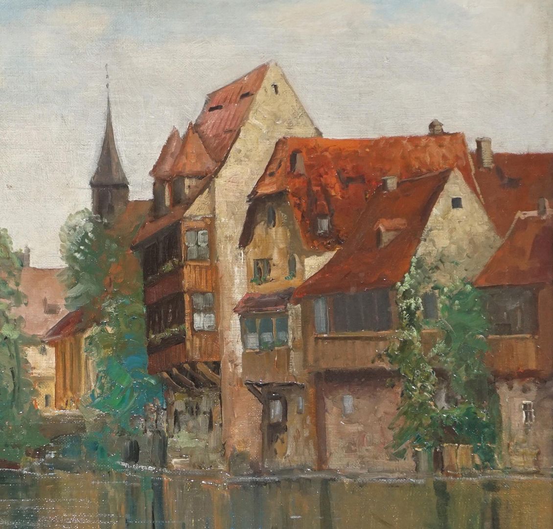 Heilig-Geist-Spital und Pegnitzufer Detailansicht mit Pegnitzufer und "Goldenem Haus" (Haus mit markanten Dachaufbauten)