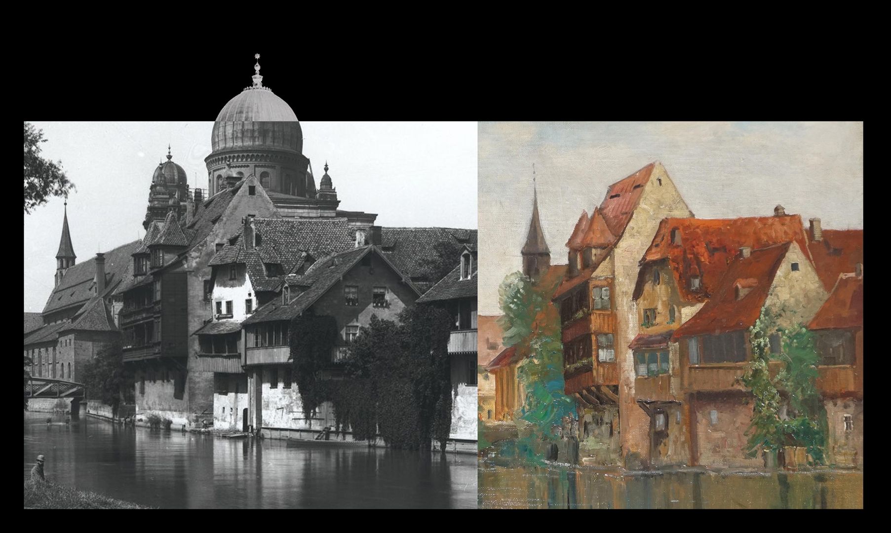Heilig-Geist-Spital und Pegnitzufer Bildvergleich mit historischem Foto von Ferdinand Schmidt und Detailansicht