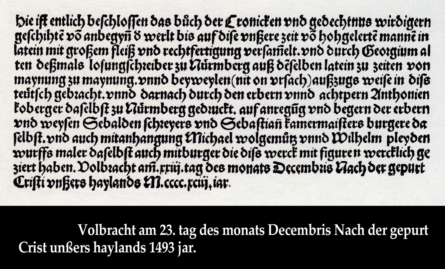 Anton Koberger / Gedenkstein Textabschnitt der letzten Seite aus der Schedelschen Weltchronik von 1493