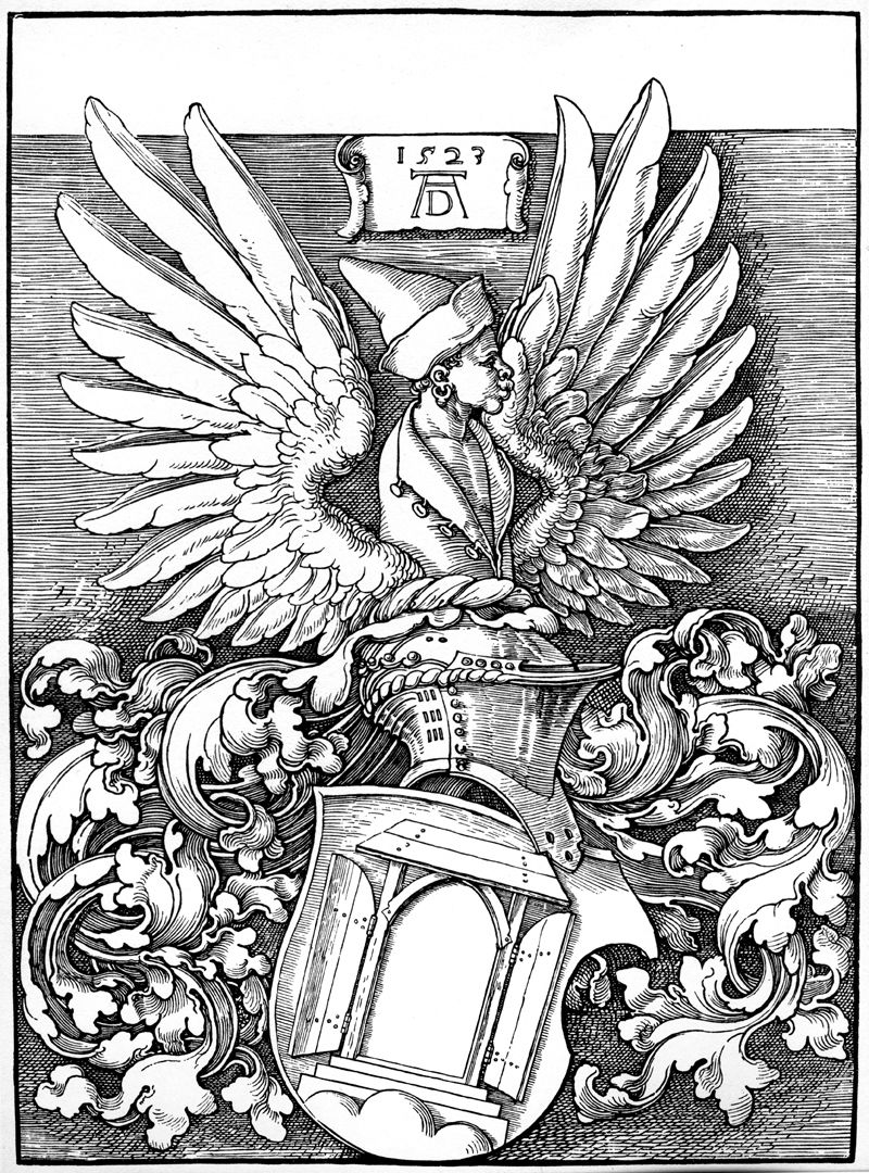 Dürer-Statuette Das Wappen Albrecht Dürers, 1523, Holzschnitt
