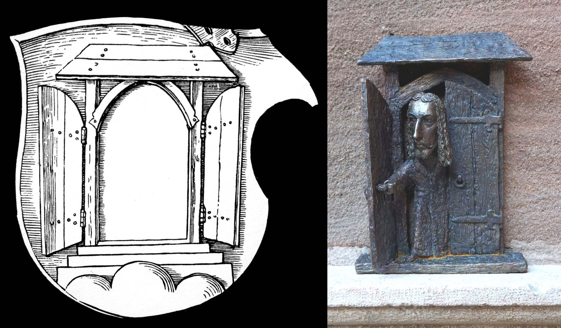 Dürer-Statuette Gegenüberstellung des Türmotivs aus dem Wappenschild Dürers und der Statuette