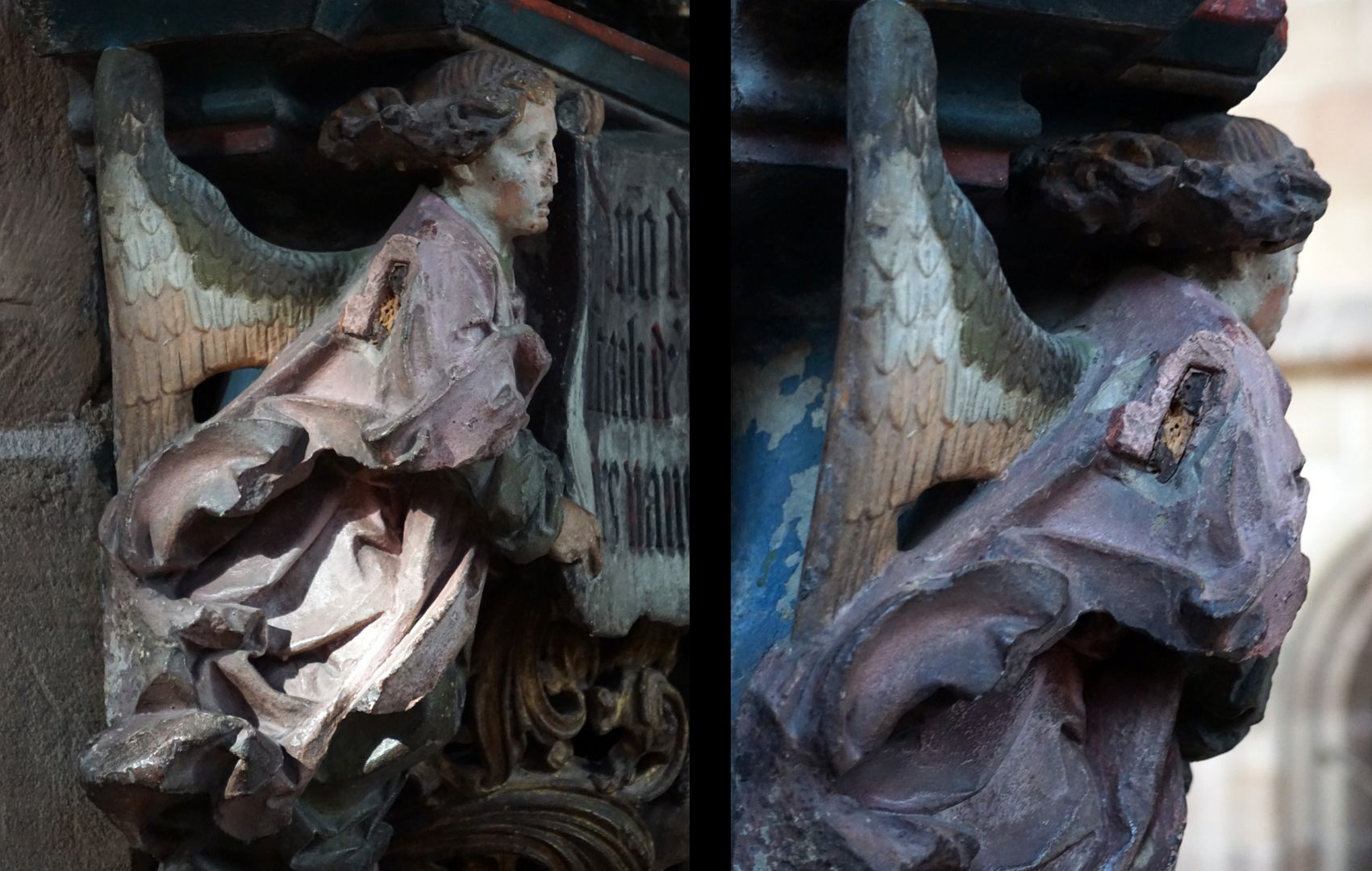 Epitaph des Hans Rebeck seitlicher Engel auf der linken Seite mit einem Zapfenloch (Befestigung für ein hölzernes Spruchband ?)