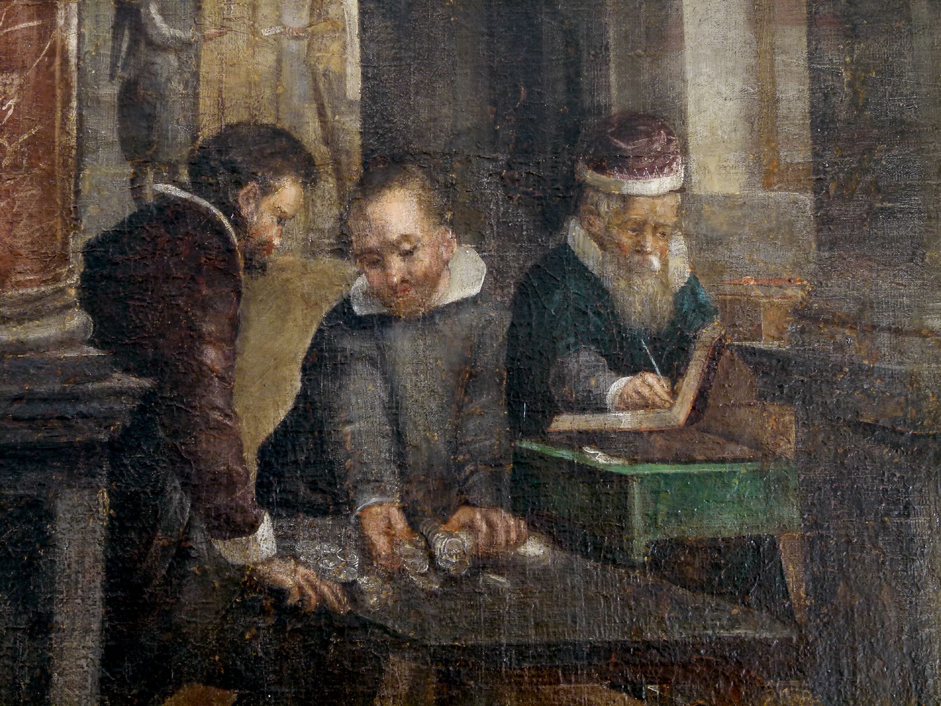 Bancoherren und Banchieri Detail: Geldzählen am Kontotisch