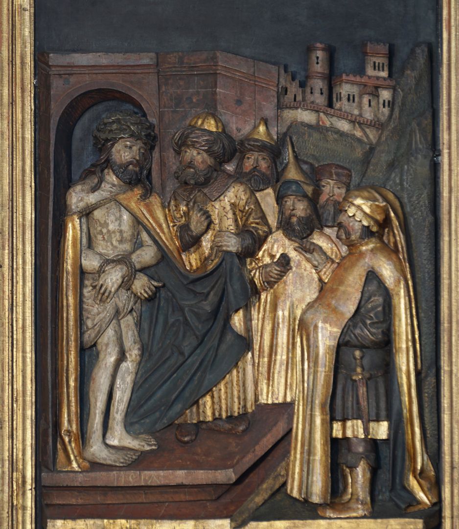 Kreuzaltar linker Flügel oben: Ecce homo. Als Vorlage diente der 1512 datierte Kupferstich aus Dürers „kleiner Passion“