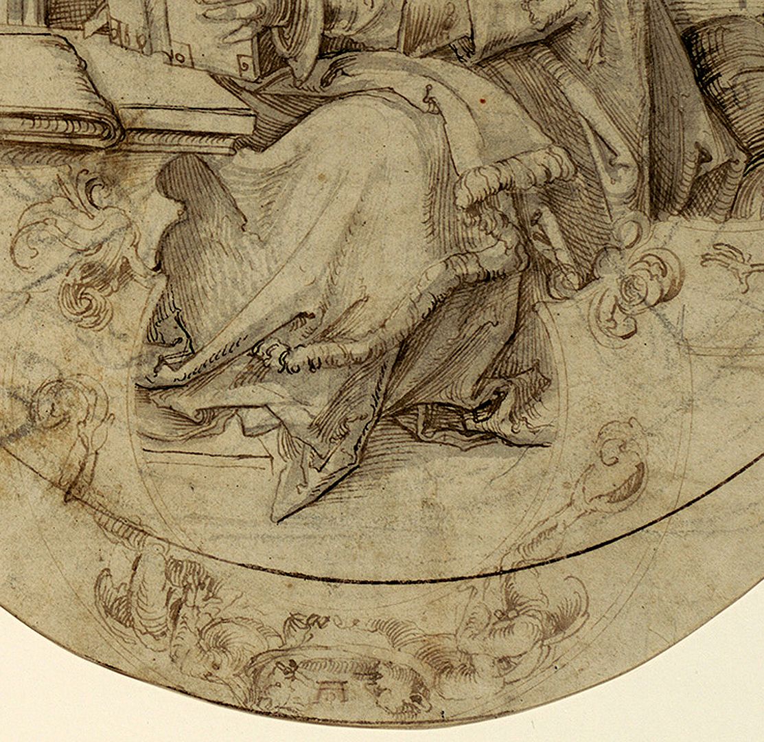 Scheibenriss Detailansicht der unteren Bildhälfte mit dem falschen Dürer-Monogramm