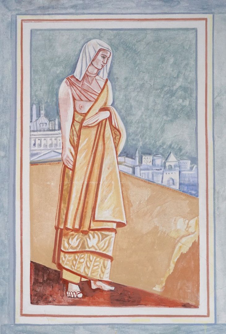 Marienkapelle linke Wandpartie, linkes Bild, die schwangere Maria hält schützend eine Hand auf ihrem Bauch