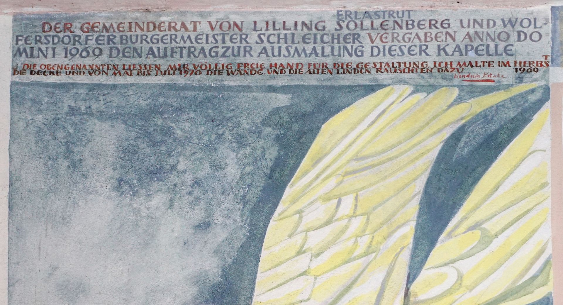 Marienkapelle Mitteilung an Anna über die Empfängnis Marias, über der Darstellung Detail mit Inschrift des Künstlers