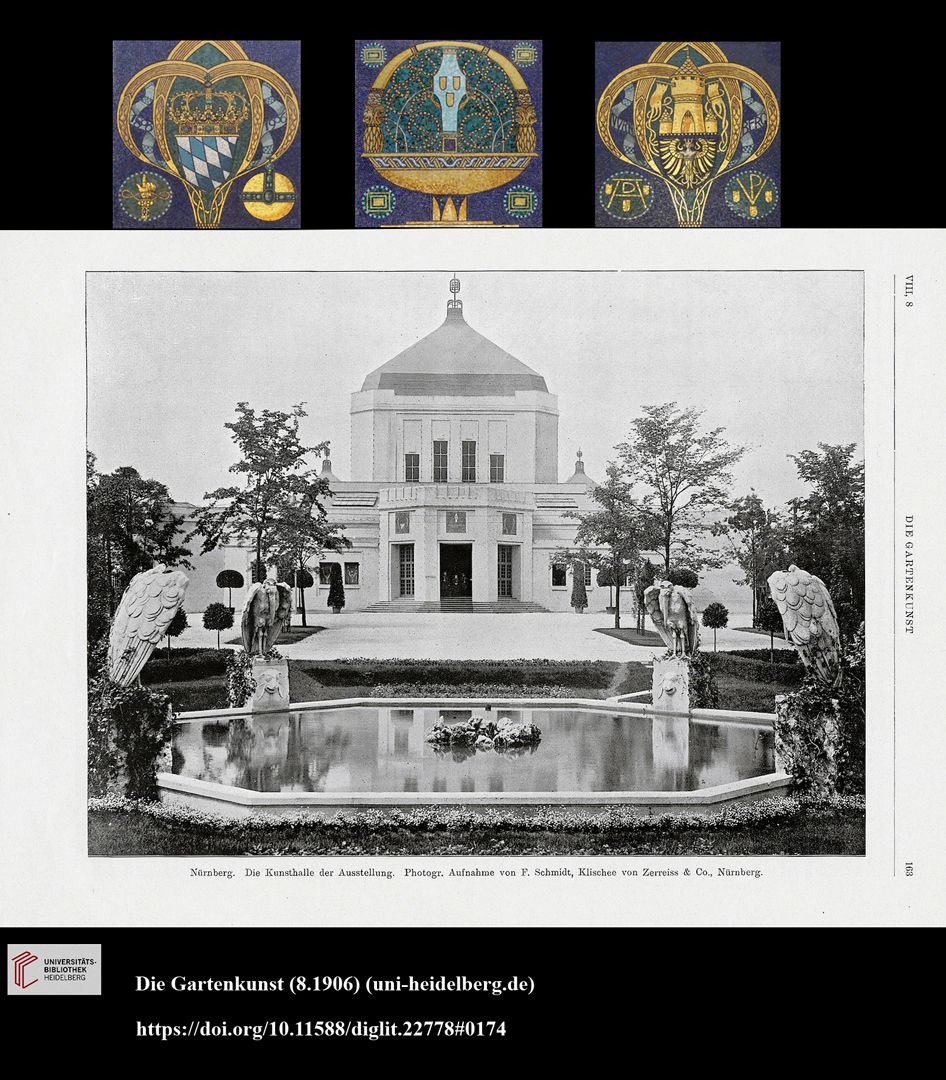 Brunnen mit Malerschilden unten historisches Foto: Die Gartenkunst (8.1906) / oben die drei heute im Gewerbemuseum befindlichen Mosaiken