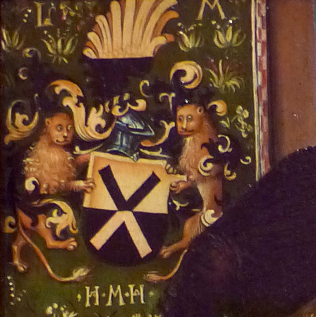 Portrait des Levinus Memminger Detail, Familienwappen, seitlich der Helmzier die Buchstaben L M, unten die Buchstaben H M H
