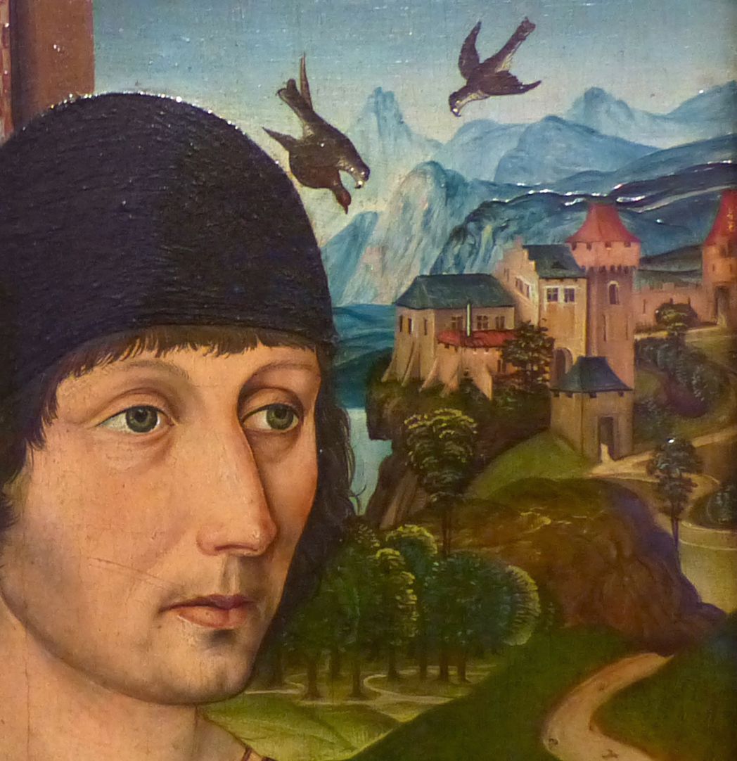 Portrait des Levinus Memminger Gesicht und Burg und darüber fliegenden Vögel