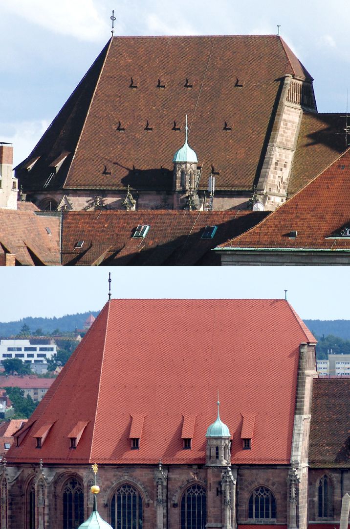 Die Lorenzkirche als Architektur oben: Chordach Zustand vor 2010. unten: nach 2011. Der Verlust der seit dem Mittelalter zahlreichen Gauben bei der Dachrenovierung ist eine Verarmung für die Kirche und die ganze Dachlandschaft der Altstadt.