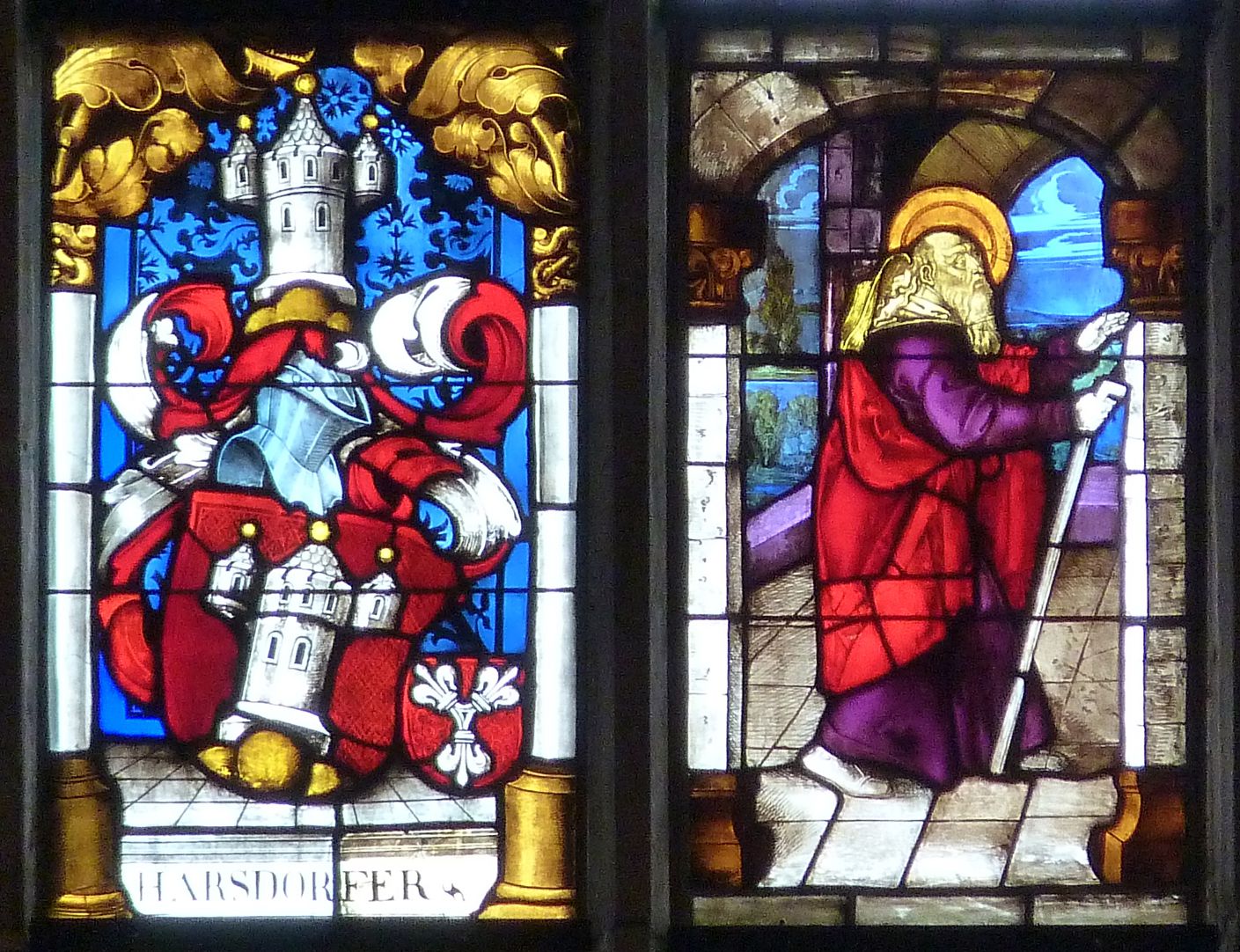 Ratsfenster mittlere Zeile links, auf der Linken: Harsdorferwappen 17. Jh., auf der Rechten: Joachim aus einer Begegnung an der Goldenen Pforte, 16.Jh.