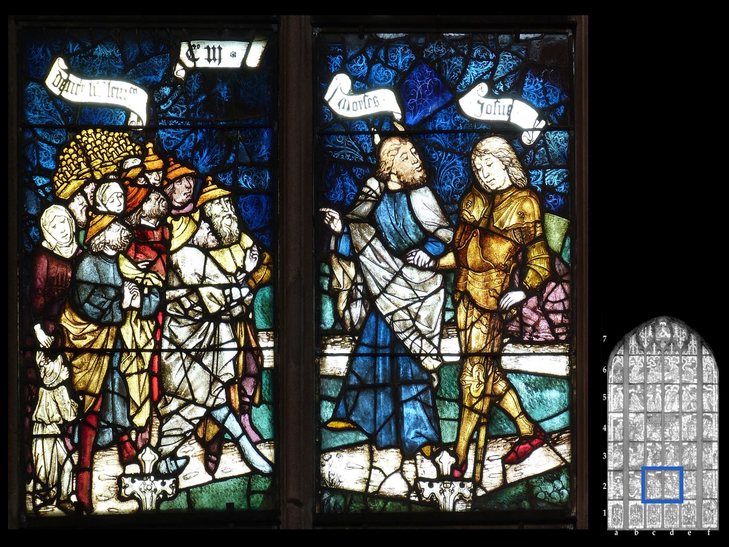 Rieter - Fenster Fensterzeile 2 / Fenster c und d: Moses stellt Josua den Israeliten als seinen rechtmäßigen Nachfolger vor.