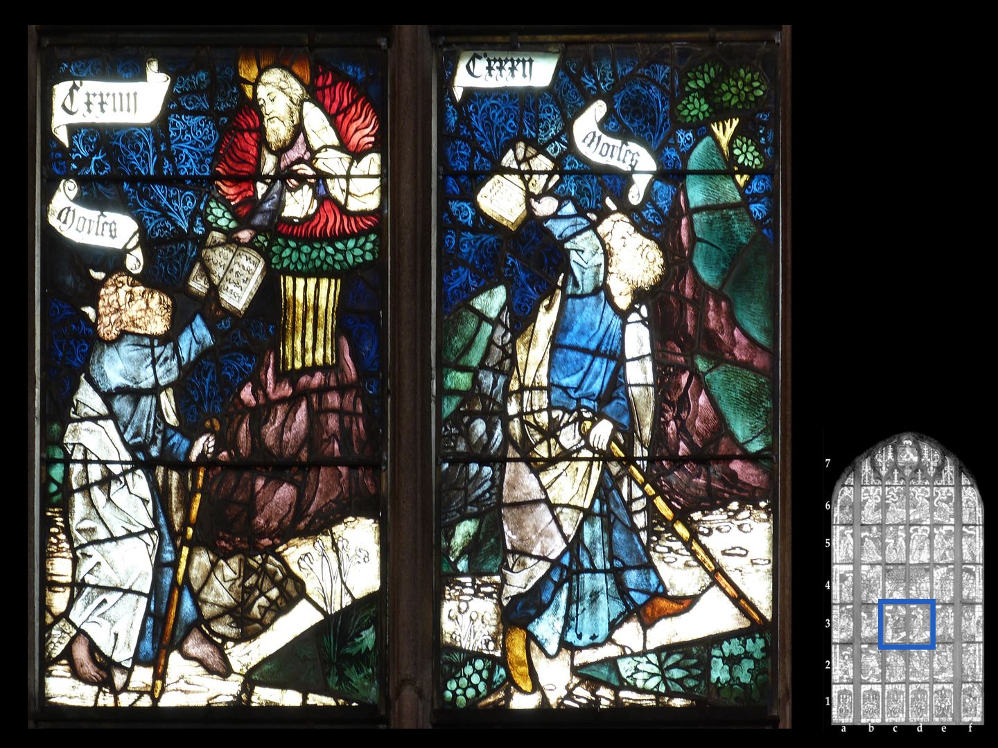 Rieter - Fenster Fensterzeile 3 / Fenster c und d: Übergabe Gesetzestafeln auf dem Berg Sinai. (Gott im brennenden Dornbusch)
