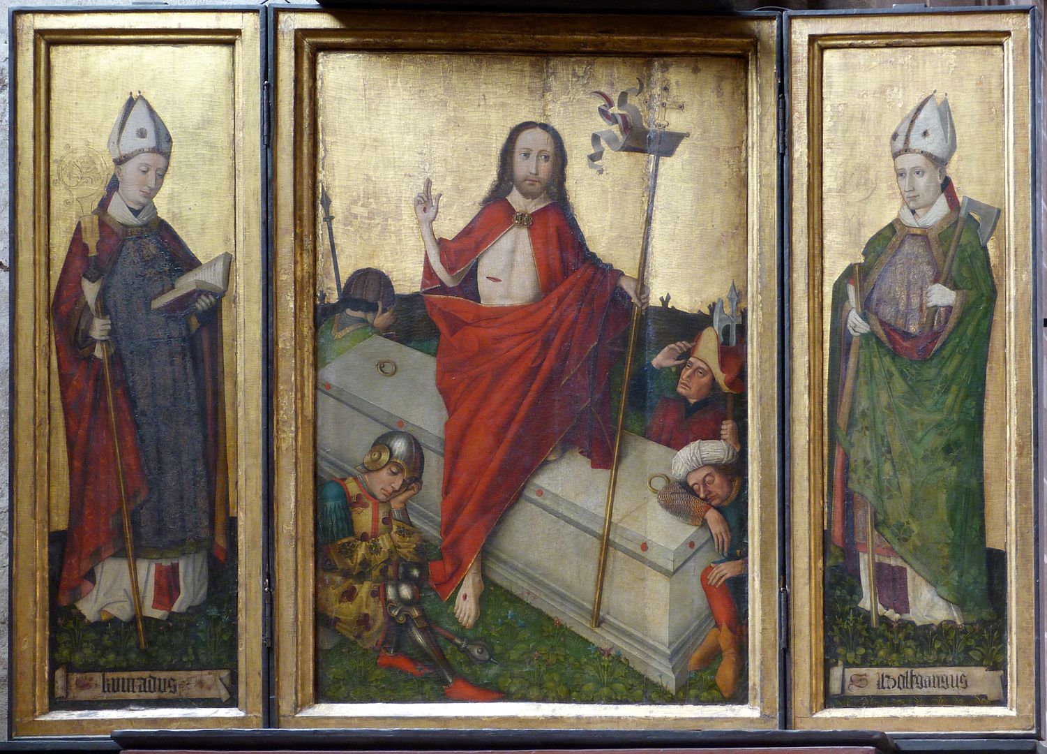 Wolfgangsaltar Die Darstellungen der Bischöfe Konrad (Namenspatron des Stifters) und Wolfgang rahmen die Mitteltafel mit der Auferstehung Christi