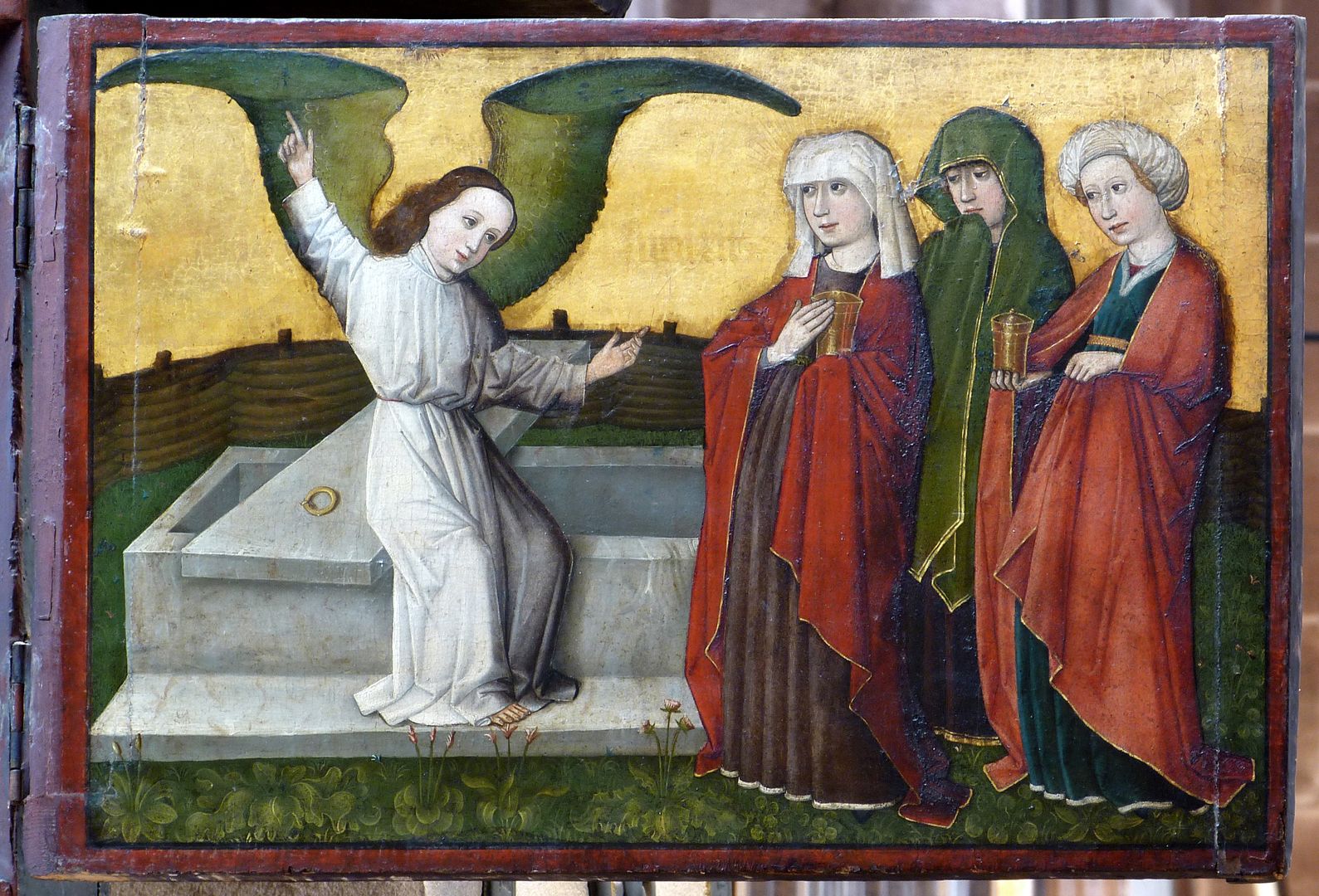 Wolfgangsaltar Ein Engel verkündet den drei Marien die Auferstehung Jesu.
