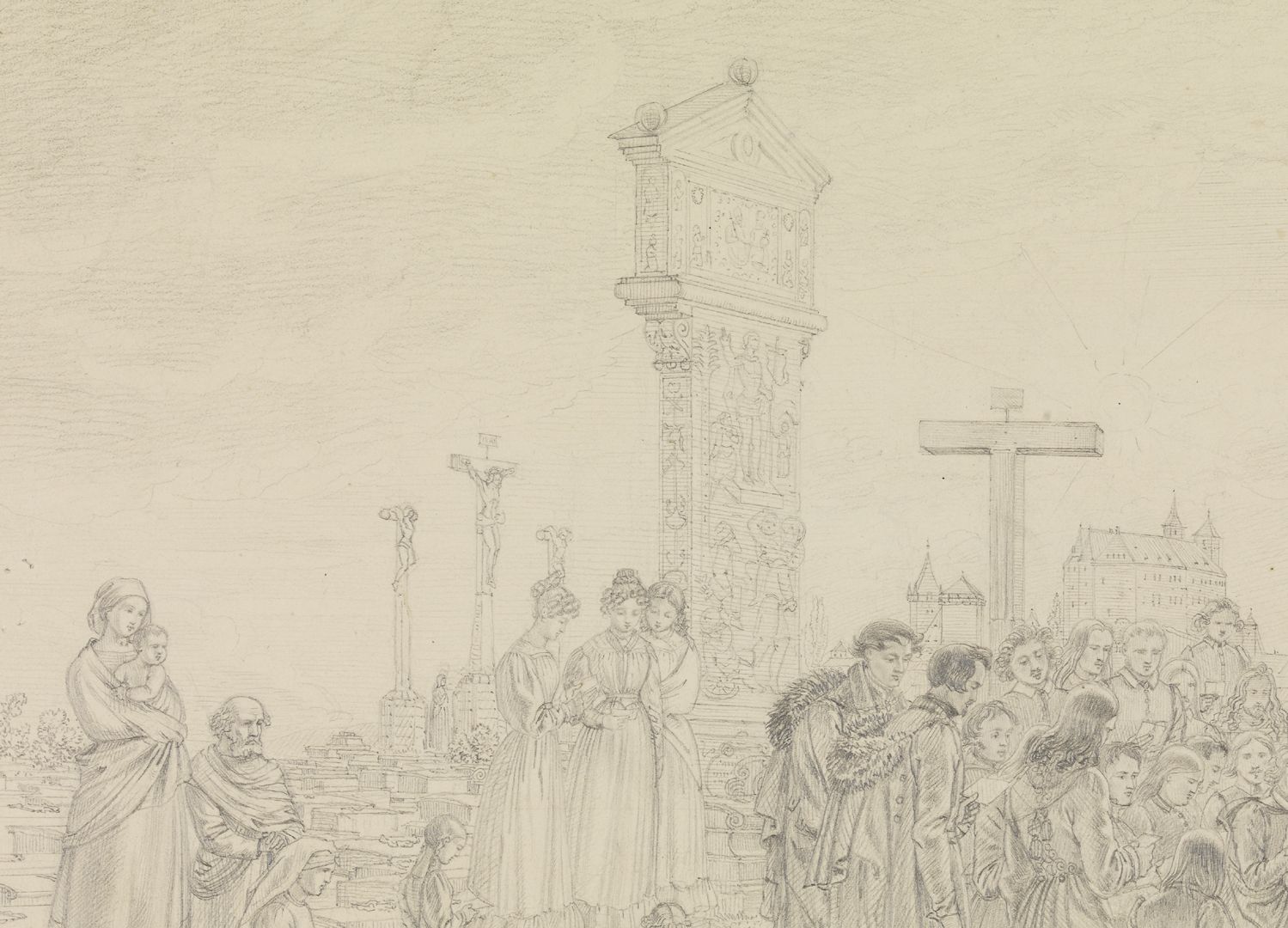 Gedenkfeier am Grabe Albrecht Dürers Detailansicht. Im Hintergrund rechts das von Peter Hurrer 1490 gestiftete Kreuz. Der Künstler im Profil, der mit der Stirn scheinbar den Kreuzesstamm berührt, ist Ludwig Emil Grimm.