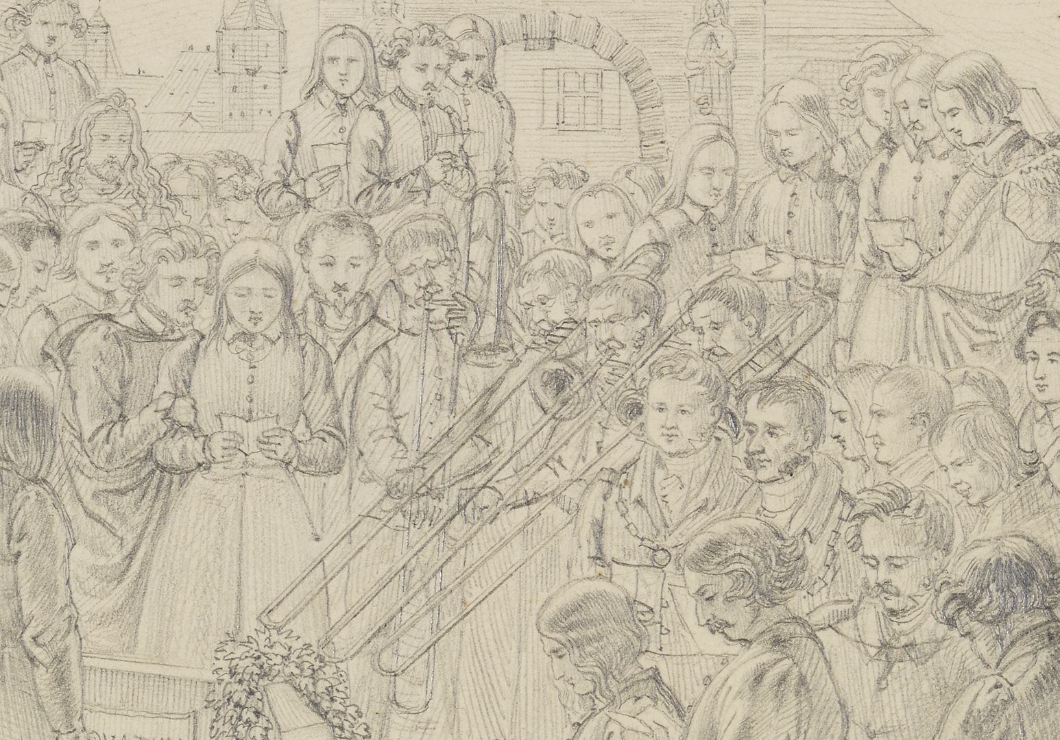Gedenkfeier am Grabe Albrecht Dürers Detailansicht der Menschenmenge mit Posaunenspielern und Repräsentanten