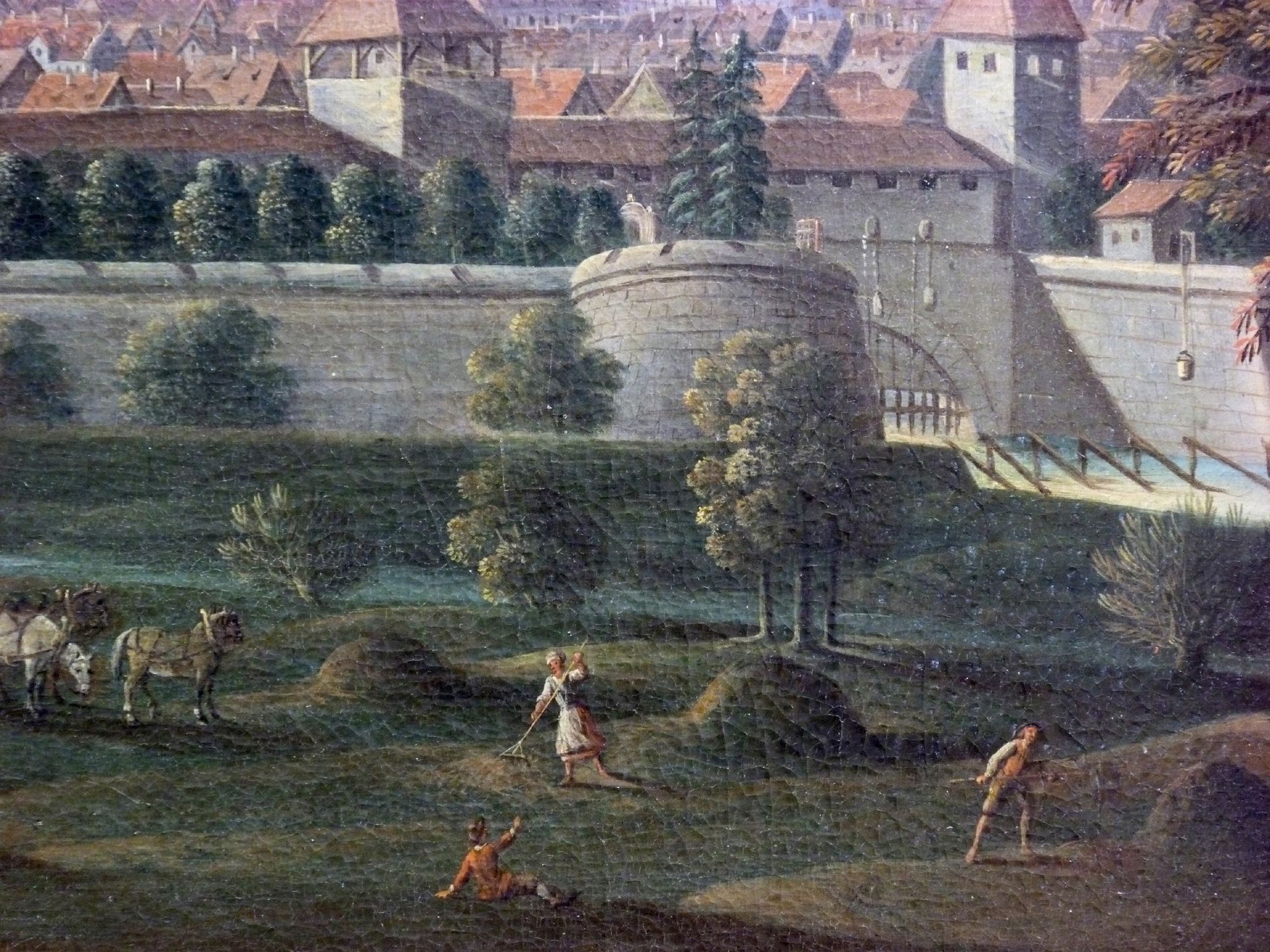 Nürnberger Stadtansicht von Osten Detail mit Wöhrder Wiese, Zwinger vor der Insel Schütt und Zufluss der Pegnitz in die Stadt
