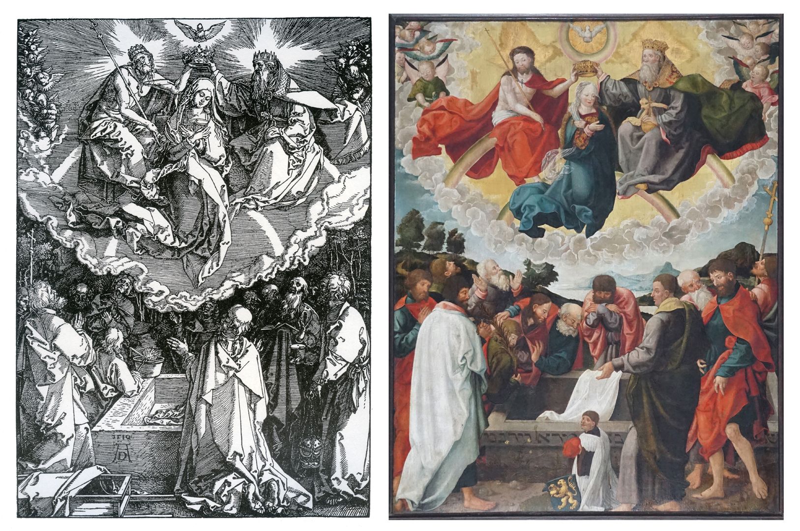 Epitaph für den Priester Dr. Leonhard Oelhafen links: Albrecht Dürer, Mariae Himmelfahrt und Krönung, Holzschnitt von 1510