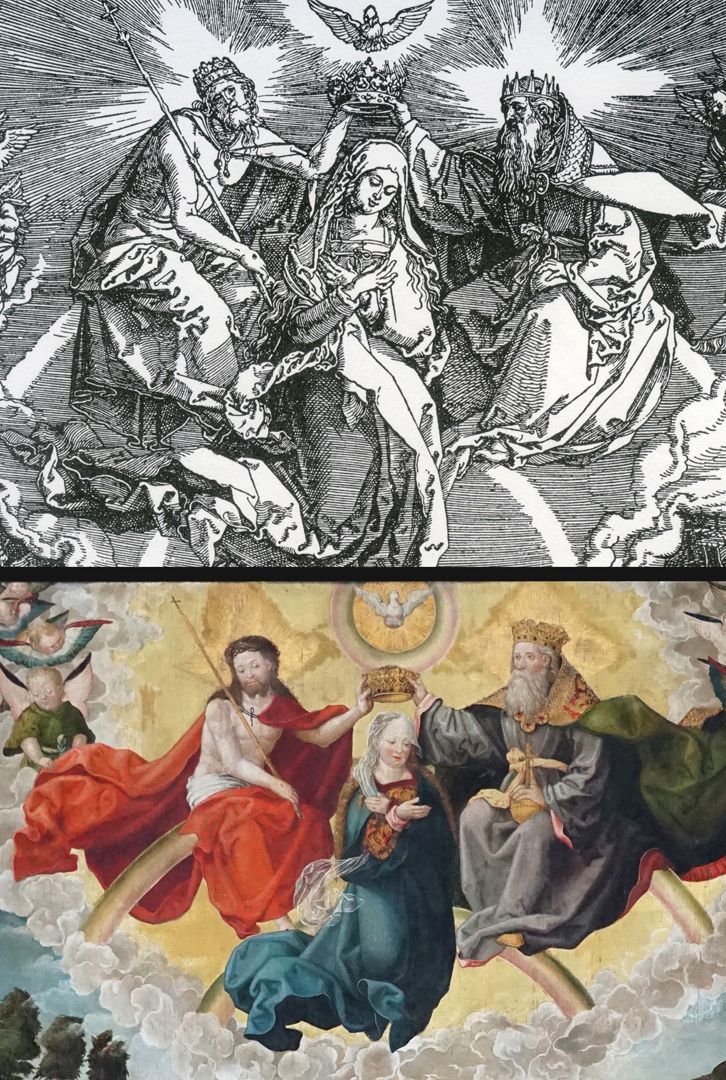 Epitaph für den Priester Dr. Leonhard Oelhafen oben: Albrecht Dürer, Mariae Himmelfahrt und Krönung (Detailansicht), Holzschnitt von 1510