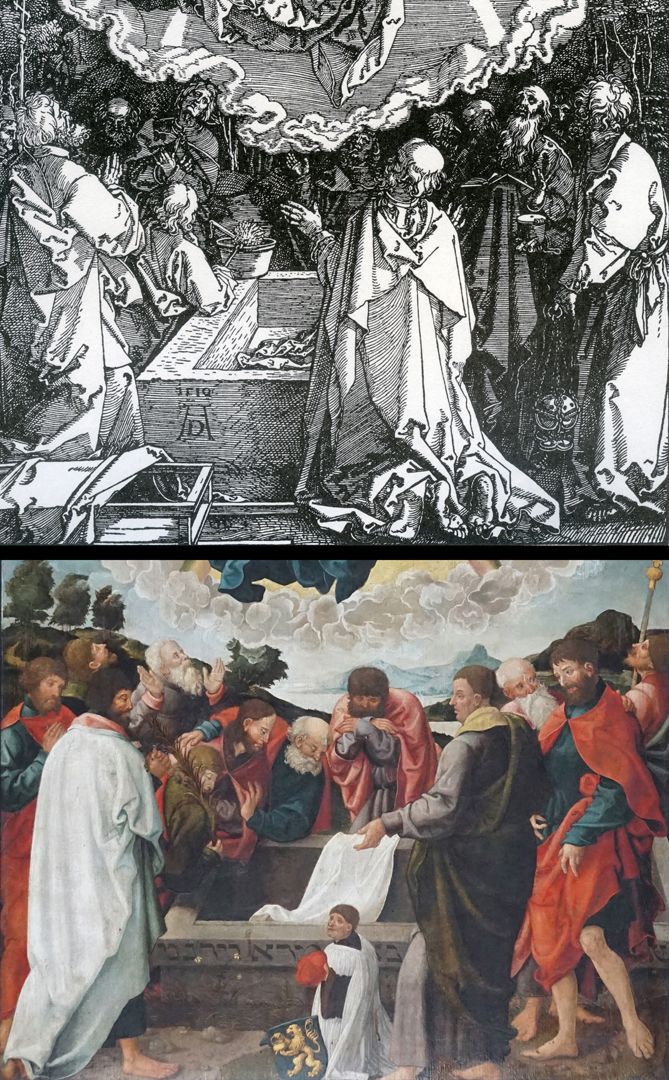 Epitaph für den Priester Dr. Leonhard Oelhafen oben: Albrecht Dürer, Mariae Himmelfahrt und Krönung (Detailansicht), Holzschnitt von 1510