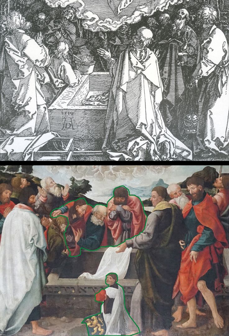 Epitaph für den Priester Dr. Leonhard Oelhafen Hauptänderung der Dürerschen Komposition ist der "Einschub" der Stifterfigur und die damit verbundene Verschiebung nach rechts. Reduzierung auf zwei vorne rechts stehende Figuren. Am hinteren Rand des Grabes sind in der neuen Lücke Figuren aufgerückt.
