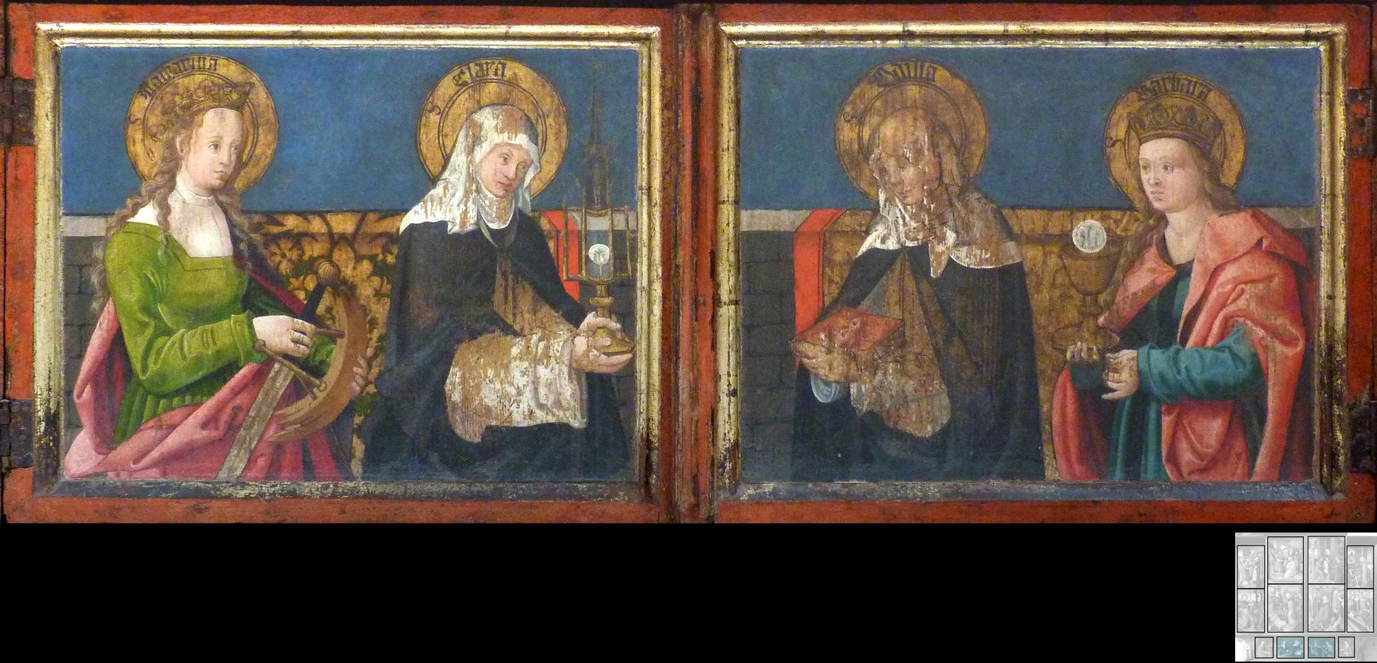 Marthaaltar Predella: Katharina, Clara, Odilia und Barbara