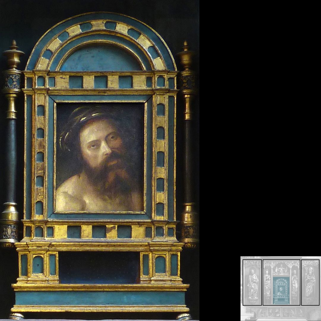 Marthaaltar Darstellung des Ecce homo, 1620 in einen Bildträger der Frührenaissance eingefügt