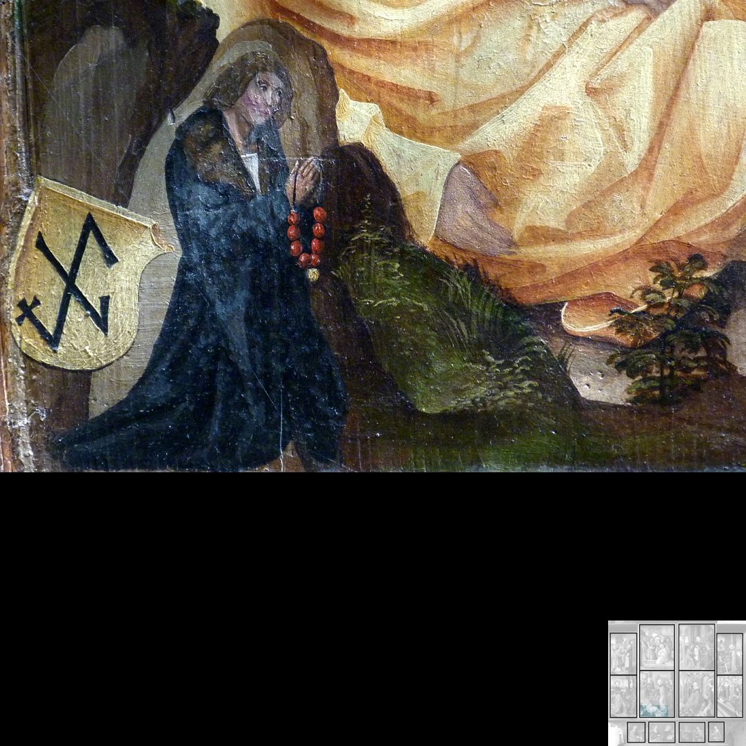 Marthaaltar Martha erweckt einen in der Rhône ertrunkenen Jüngling wieder zum Leben und Stifter mit Hausmarke, Detail
