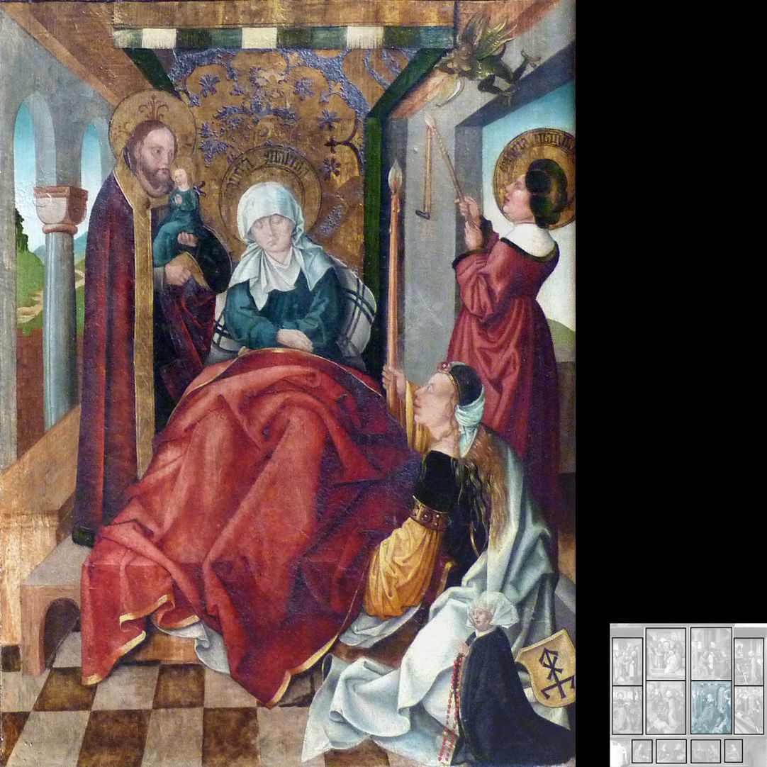 Marthaaltar Am Sterbelager der Martha entzündet die 8 Tage zuvor gestorbene Schwester Maria von Bethanien die von Dämonen gelöschten Kerzen. Marthas Seele wird von Jesus gehalten. Unten rechts Stifterin mit Hausmarke.