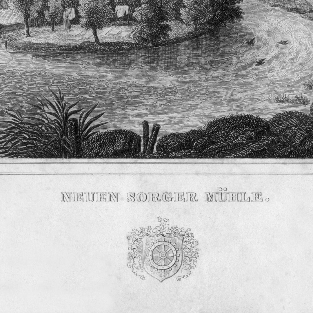 Neuen Sorger Mühle Detailansicht mit Wappen und Inschrift