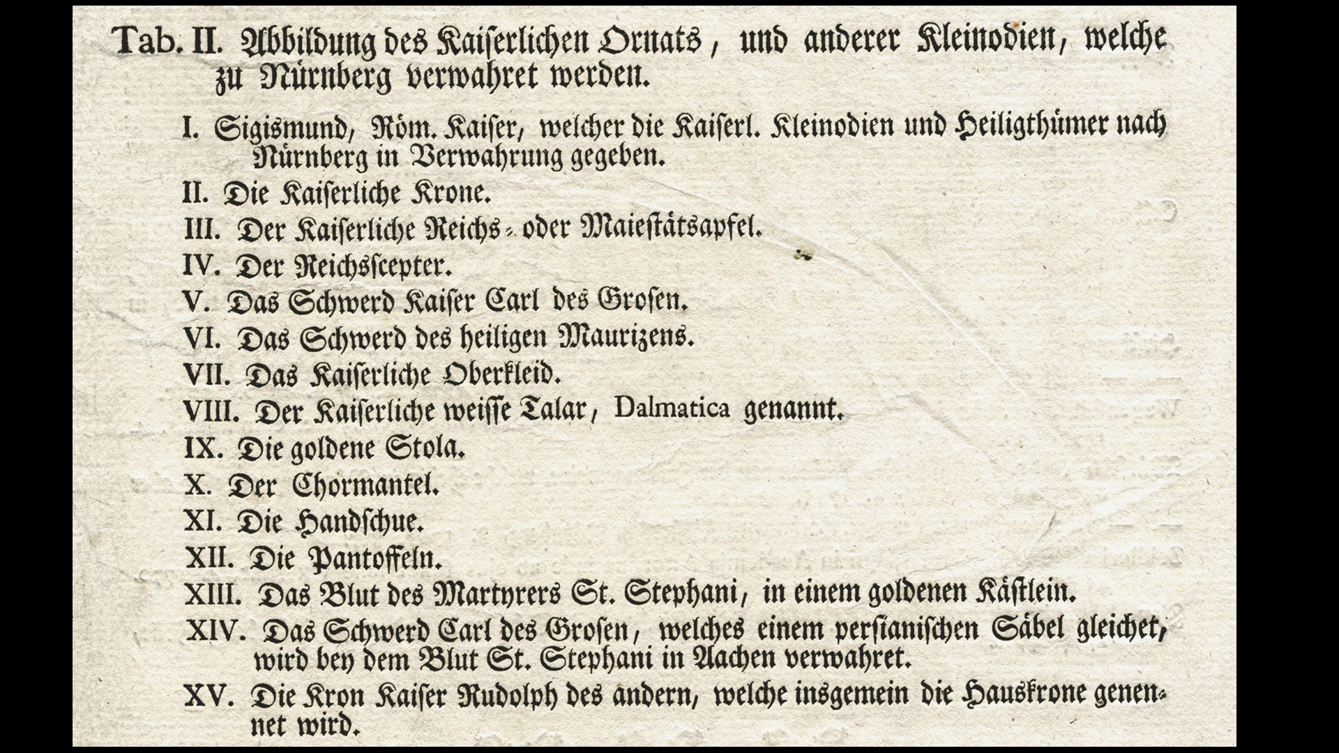 Abbildung des kaiserlichen Ornats, und anderer Kleinodien, welche zu Nünberg verwahret werden. Tab. II / Auflistung