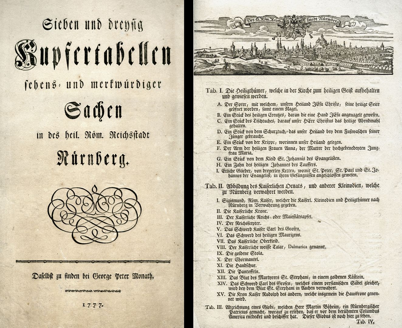 Abbildung des kaiserlichen Ornats, und anderer Kleinodien, welche zu Nünberg verwahret werden. Buchtitel (1777) / Tab. I - III