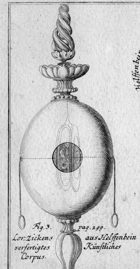 Gedrechselte Sachen Detailansicht (Fig. 3) mit einem aus Elfenbein gedrehtem Ei.