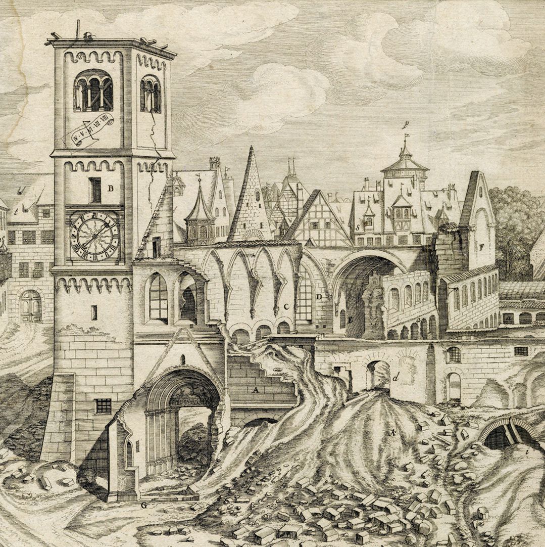 „Urbis Norimbergensis Insigniorum Templorum …“ Ruine der Egidienkirche linke Blatthälfte, Ausschnitt