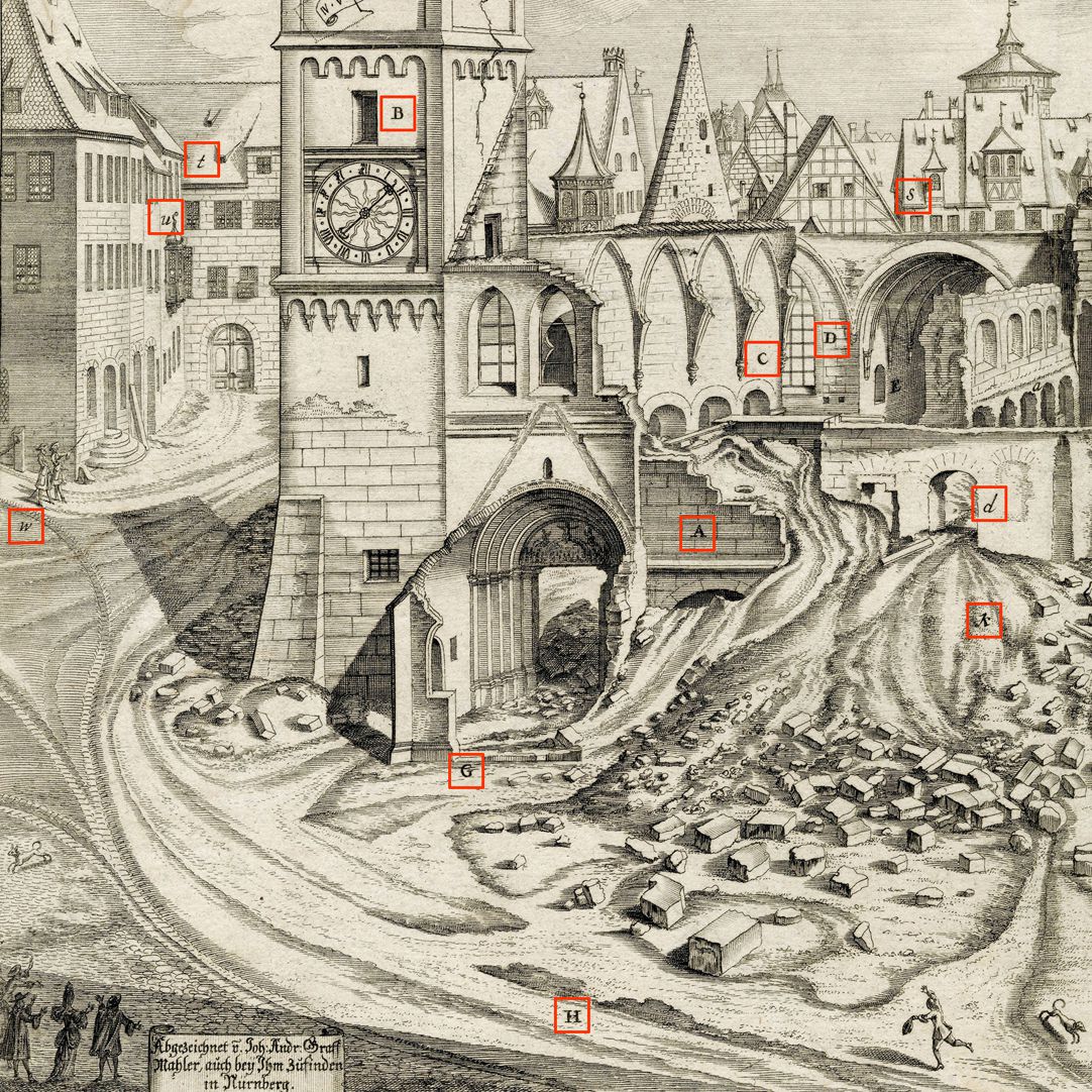 „Urbis Norimbergensis Insigniorum Templorum …“ Ruine der Egidienkirche linke Blatthälfte, Ausschnitt mit Markierungen