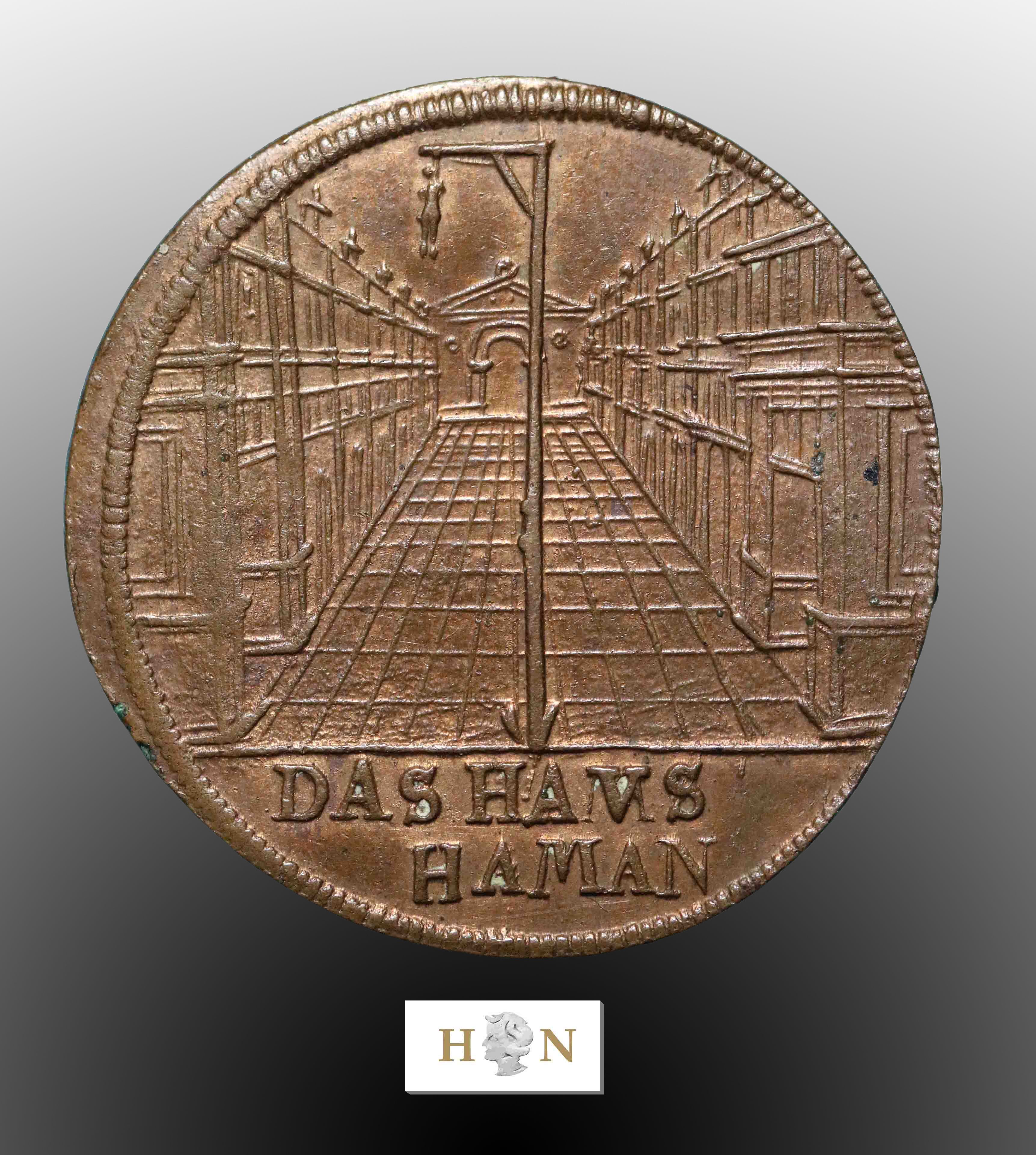 Rechenpfennig Haman hängt am Galgen auf der Stadtstraße, mit der Legende DAS HAVS / HAMAN