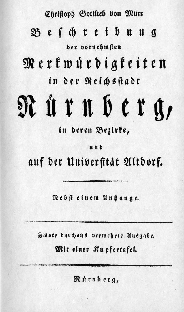 Beschreibung der vornehmsten Merkwürdigkeiten in der Reichsstadt Nürnberg (...) Titelseite