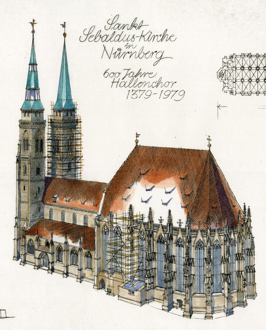 St. Sebalduskirche in Nürnberg, 600 Jahre Hallenchor 1379 - 1979 Isometrische Darstellung der Kirche von Südost