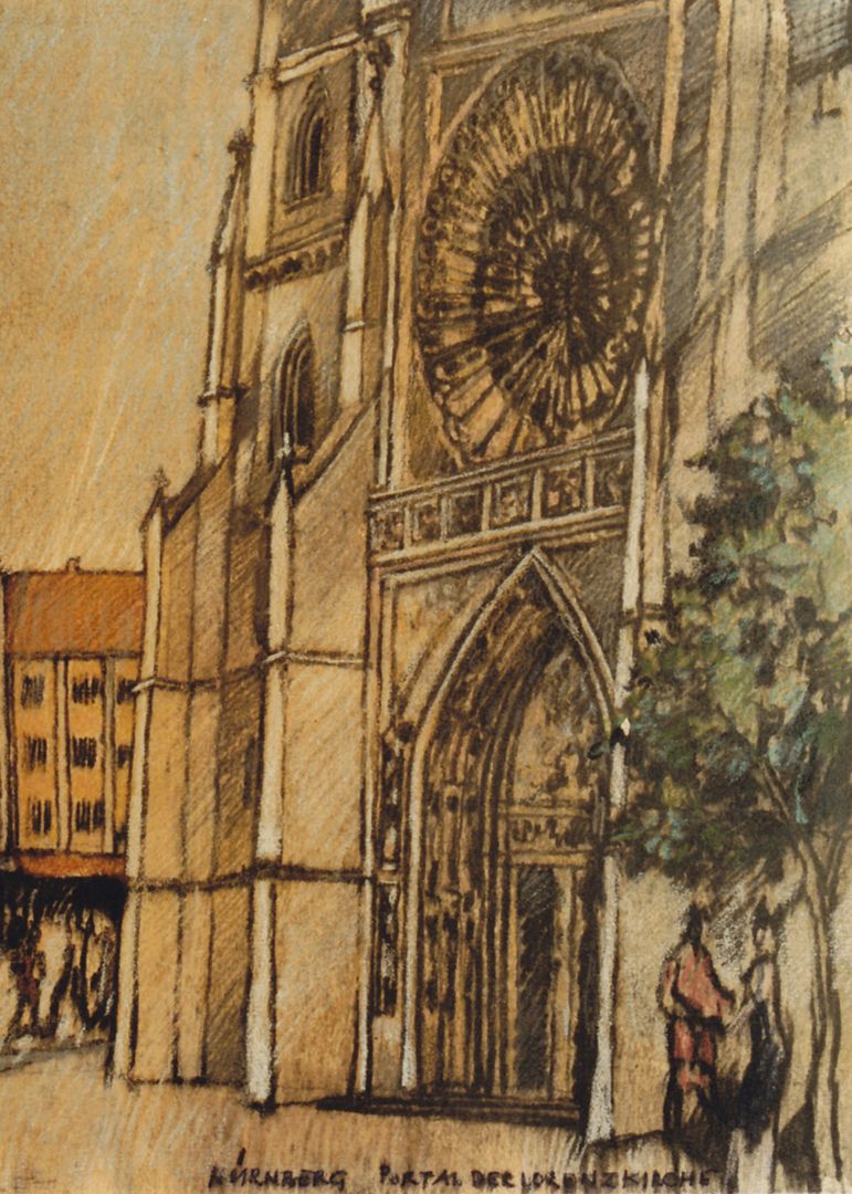 Portal der Lorenzkirche Detailansicht mit Westfassade der Lorenzkirche