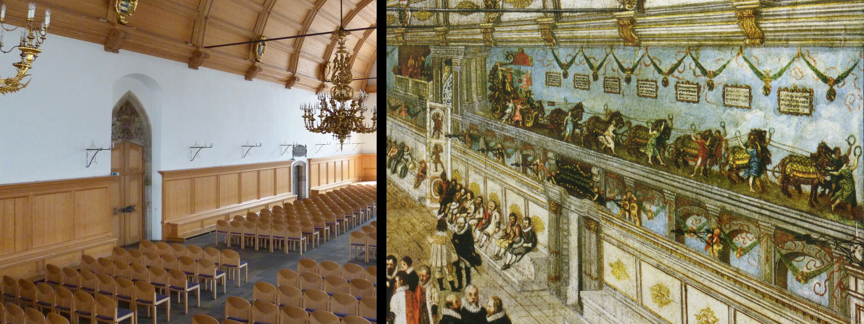 Rathaussaal leere Nordwand // Detailansicht aus einem Gemälde von Lorenz Hess (1626) mit dem Triumphzug des Kaisers Maximilian I. (Abbildung: Museen der Stadt Nürnberg, Gemälde und Skulpturensammlung, Inv. Nr. Gm 0186)