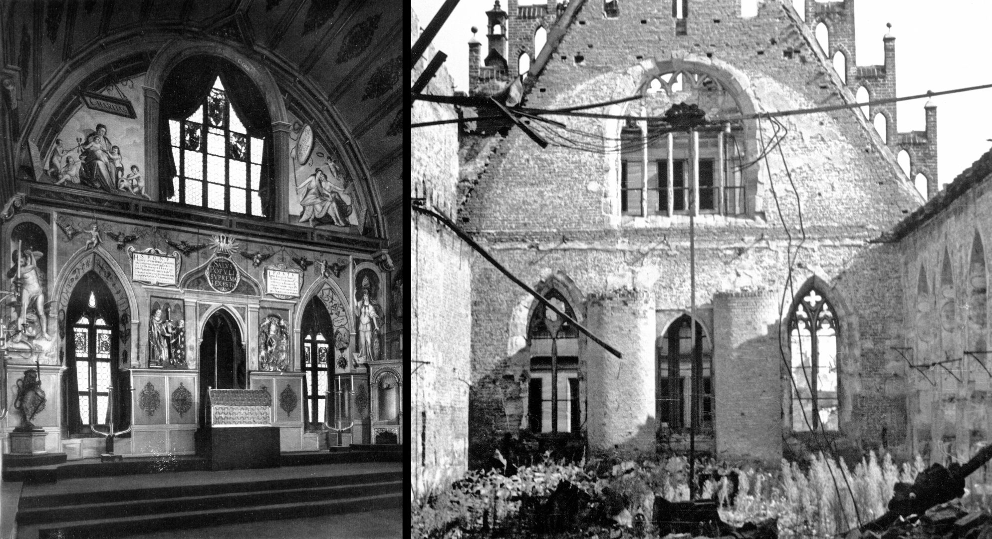 Rathaussaal Ostwand (Foto links:Nürnberg, Friedrich Kriegbaum, DKV, 1937 / Foto rechts: Bildarchiv der Altstadtfreunde Nürnberg)