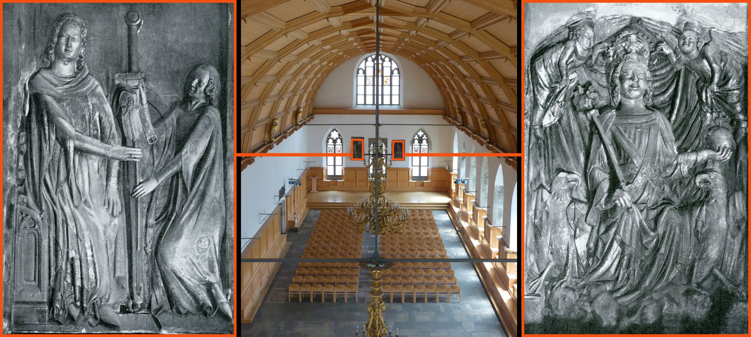 Rathaussaal Ostwand mit den Darstellungen: Kaiser Ludwig IV. auf dem Thron und eine Privilegienverleihung (sog. Norimberga und Brabantia)